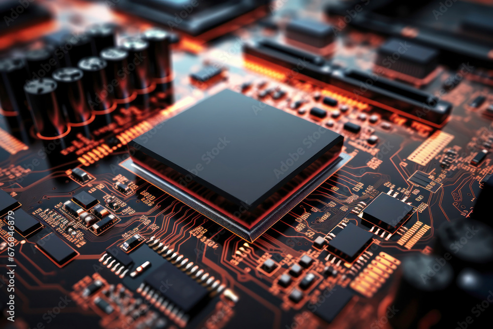 Obraz premium A powerful computer processor or chip on a motherboard. Modern technologies. Red background. Modern electronics production.