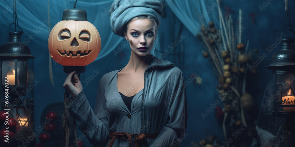 Fototapeta premium Beautiful Mature Lady Transforms into Witch in Halloween Costume Against a Blue Background, AI generated