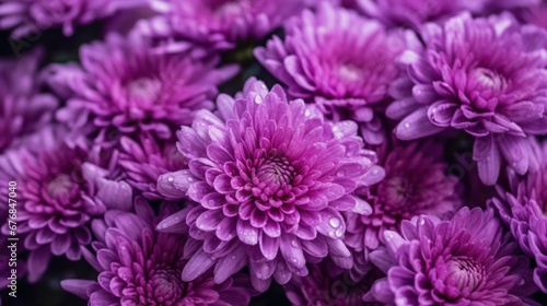 Purple chrysanthemum flowers with water droplets. Mother s day concept with a space for a text. Valentine day concept with a copy space.