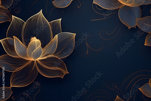 Luxury wallpaper design with Golden lotus and natural background. Lotus line arts design for wall arts, fabric, prints and background texture, Vector illustration.