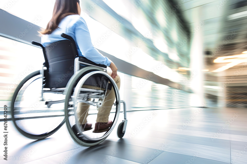A disabled woman in a wheelchair on a ramp in the city. Support. Social problems. Infrastructure for people with disabilities. A disabled woman in a wheelchair on a ramp in the city. Support. Social problems. Infrastructure for people with disabilities.
