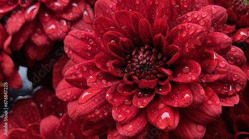 Beautiful red chrysanthemum with water drops close up. Mother's day concept with a space for a text. Valentine day concept with a copy space.