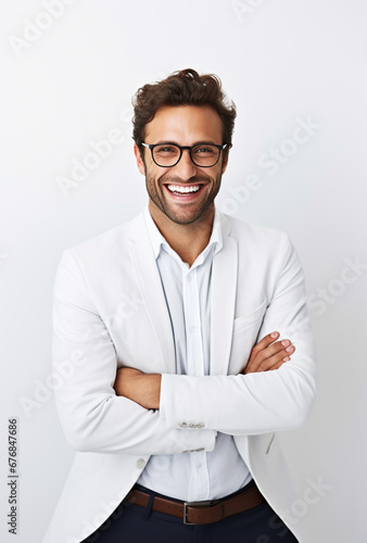 Happy smile businessman on a white background in the studio, white business professional. For art texture, presentation design or web design and web background. Generative AI. © toodlingstudio
