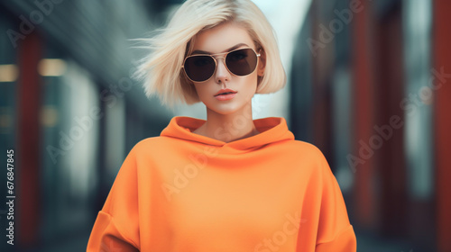 Woman wearing an orange hoodie and sunglasses looks relaxed and confident. Fashionable women's clothing, beautiful, cool, elegant, teenage fashion. Generative AI.