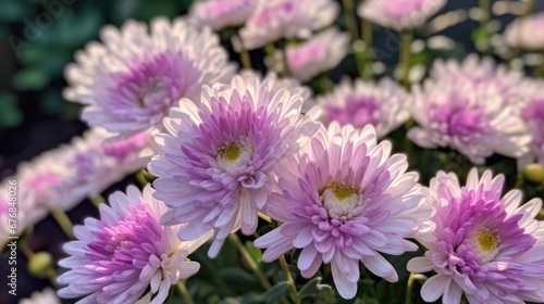 Pink and white chrysanthemums in the garden close up. Mother s day concept with a space for a text. Valentine day concept with a copy space.