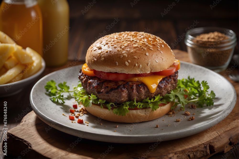 The photo of a delicious grilled hamburger on a wooden plate 