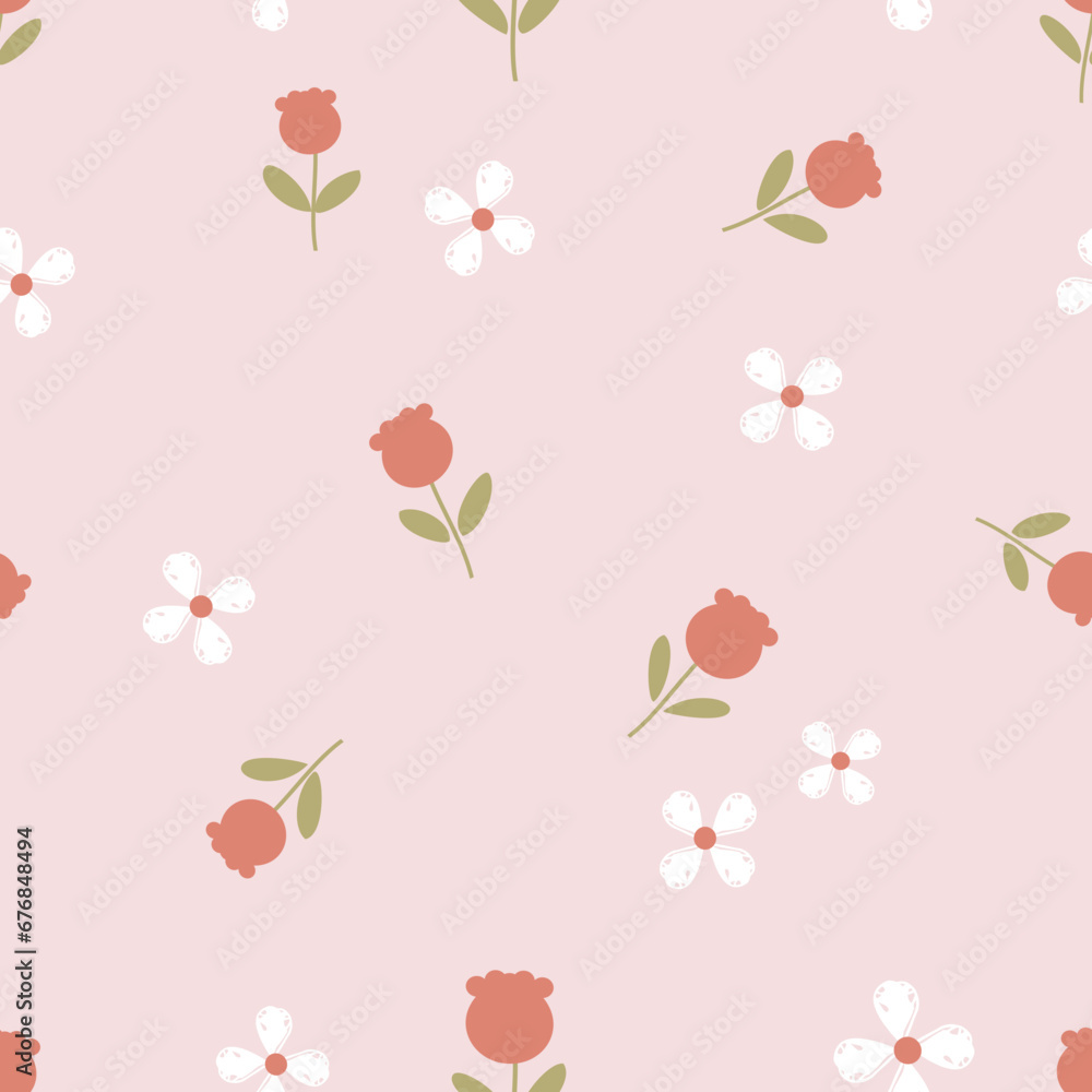 Seamless pattern with red tulip and cute flower on pink background vector illustration. Cute floral print.