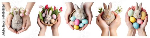 Set of Hands holding basket of rabbit Bunny and colorful pastel eggs flower isolated cutout on transparent background. PNG file. Easter day, birthday,  for product presentation.  photo