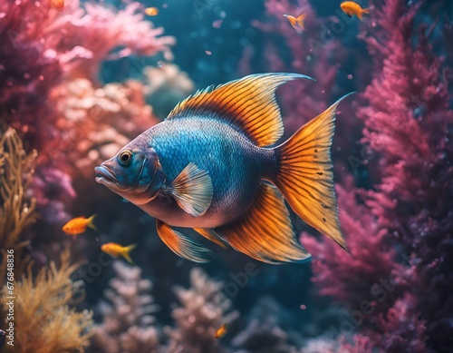 AI-generated illustration of a colorful fish swimming near a vibrant coral reef © Wirestock