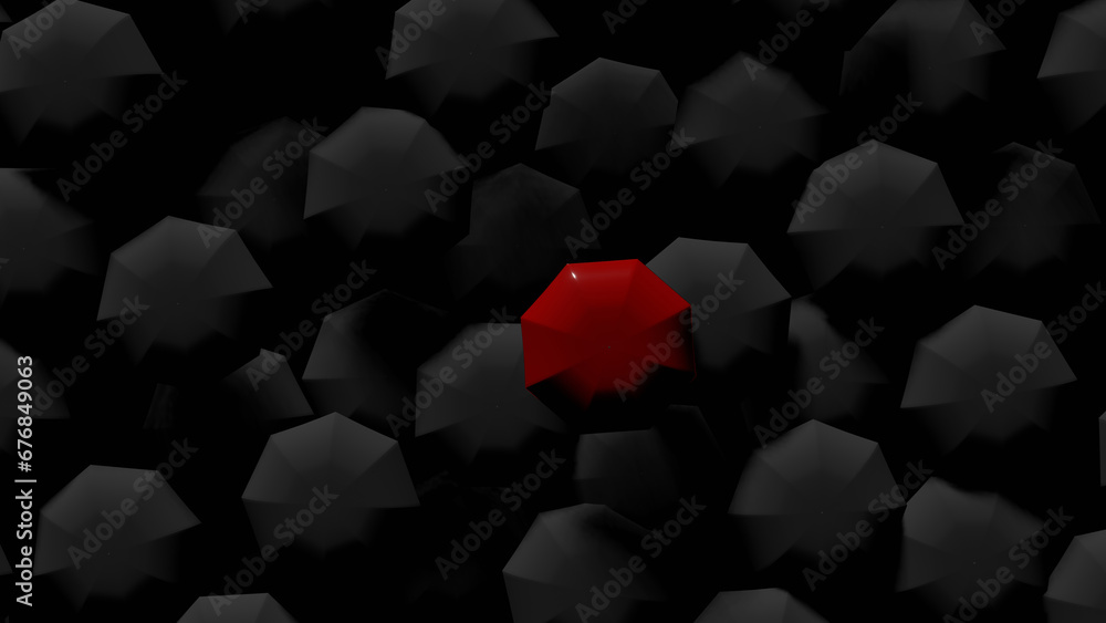 A red umbrella (top view) among crowd gray umbrella in a street (3D Rendering) - obrazy, fototapety, plakaty 