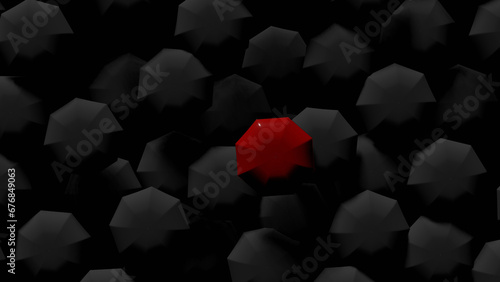 A red umbrella (top view) among crowd gray umbrella in a street (3D Rendering) photo