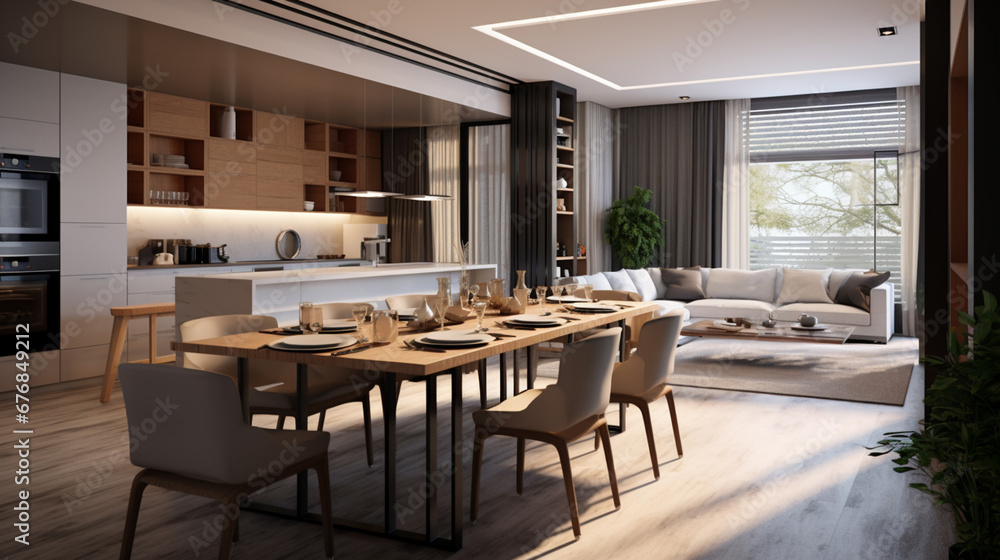 dining area in modern Kitchen, Living Room. dining table. generative ai