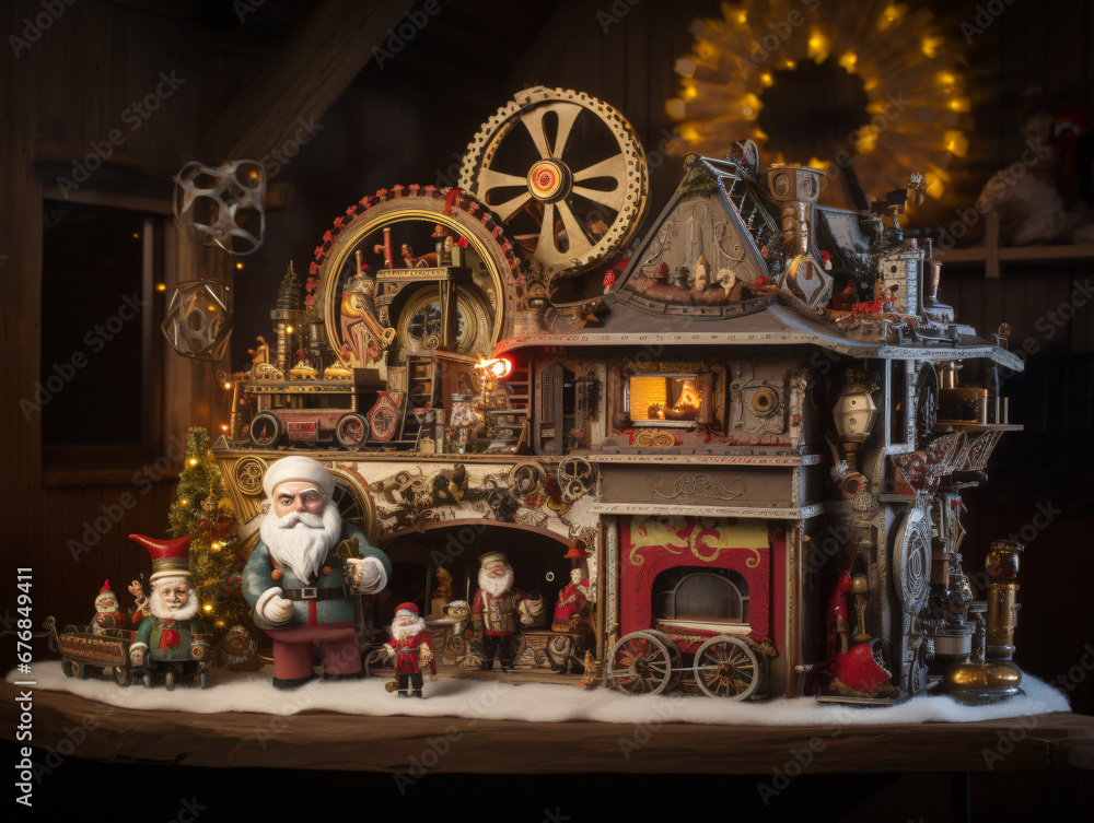 Steampunk-inspired Santa's workshop with gears, cogs, and retro-futuristic decorations