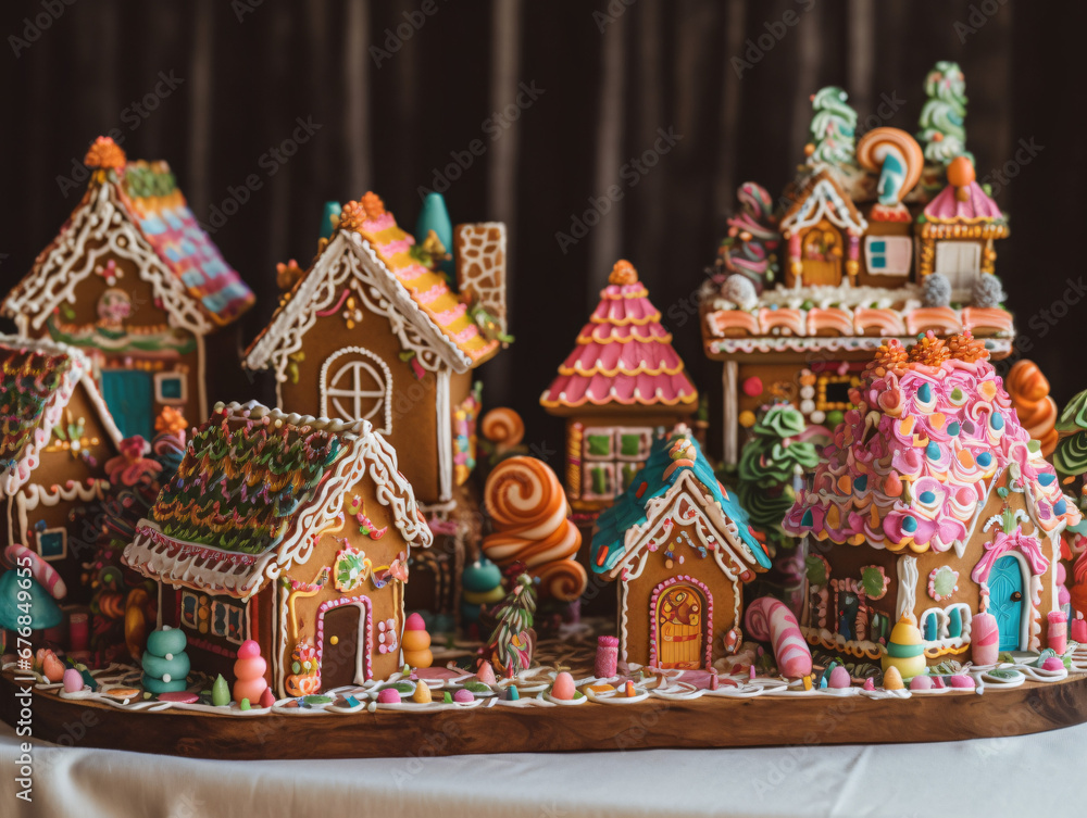 Whimsical gingerbread village with colorful icing and candy accents