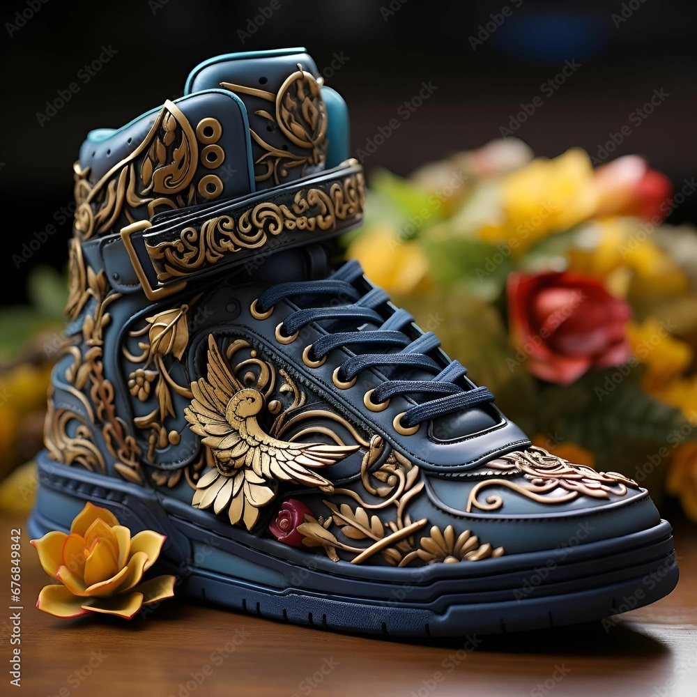 a gold colored shoe on a wooden table next to flowers a gold colored shoe on a wooden table next to flowers