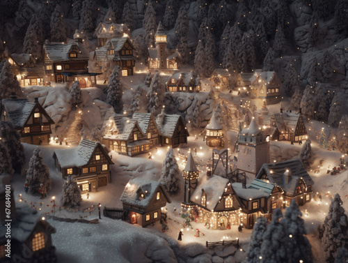 A winter village scene with houses covered in snow and twinkling lights