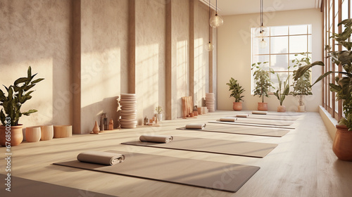 Interior of a yoga studio hall in beige tones.
