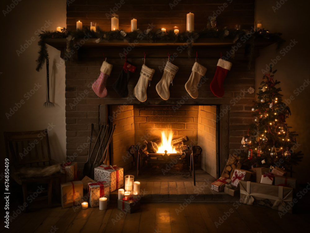Cozy fireplace scene with stockings hanging and presents underneath