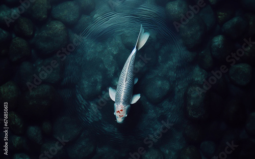 Koi fish in the pond Peace and wisdom concept. Top view Fish swimming Japanese style ZEN