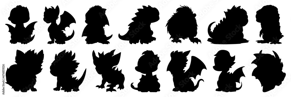 Monster silhouettes set, large pack of vector silhouette design, isolated white background