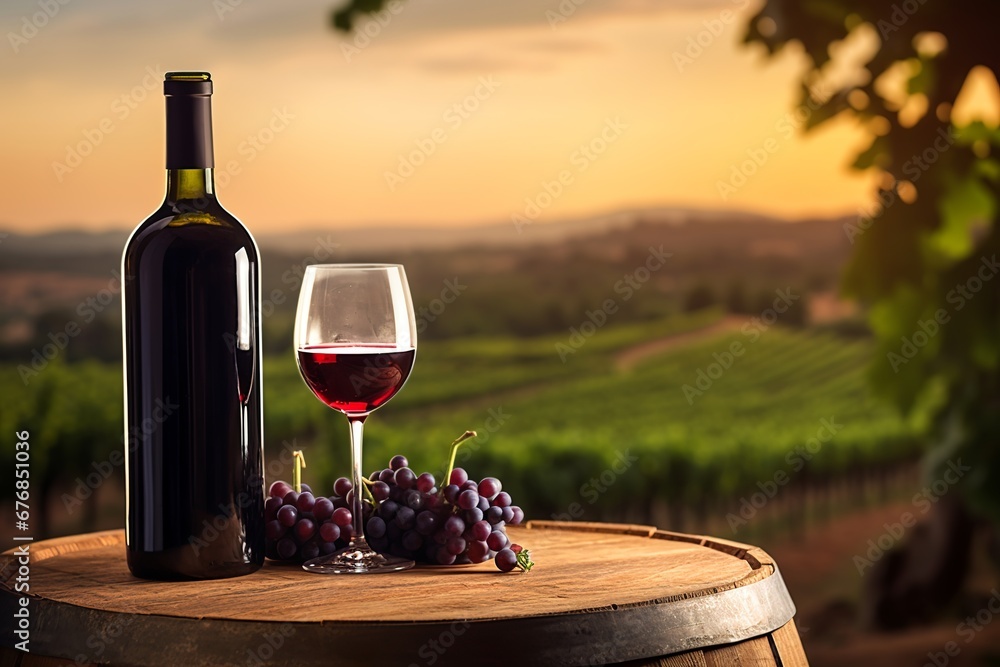 red wine bottle and wine glass on a wodden barrel