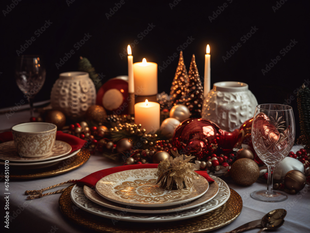 
Festive holiday table setting with decorated plates, candles, and Christmas ornaments