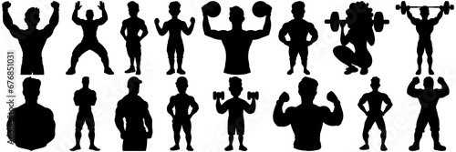 Bodybuilder fitness and gym silhouettes set, large pack of vector silhouette design, isolated white background