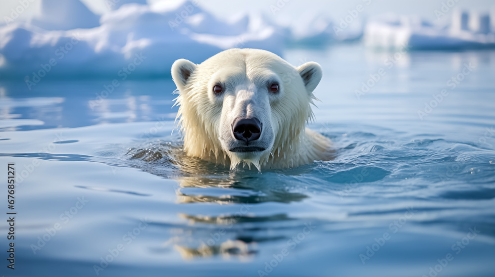 Polar bear (Ursus maritimus) swims in the sea, among the ice, at the poles. Selective focus on the head. 