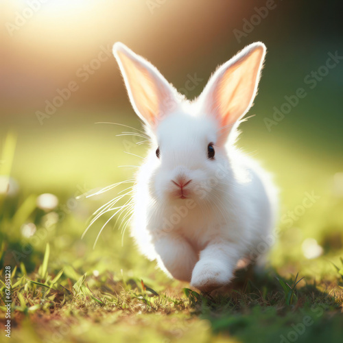 photo of a rabbit running with sunny face. ai generative