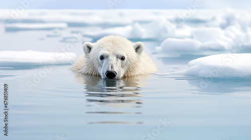 Polar bear (Ursus maritimus) swims in the sea, among the ice, at the poles. Selective focus on the head. 