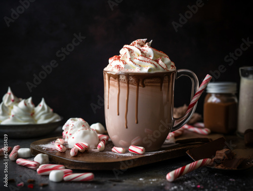 Festive hot cocoa scene with marshmallows, whipped cream, and candy canes
