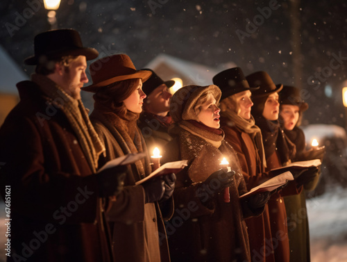 Group of carolers singing together in a snowy neighborhood