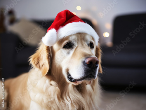 Happy pet wearing a Santa hat or surrounded by Christmas decorations © Noah