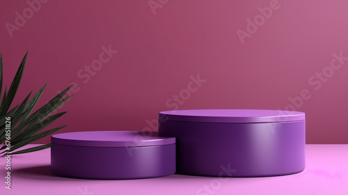 Purple colour minimal concept double cylinder pedestal or podium for product showcase display on empty background. Made with generative ai