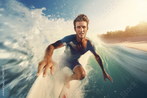 Man surfing a wave on a surf board, AI generated