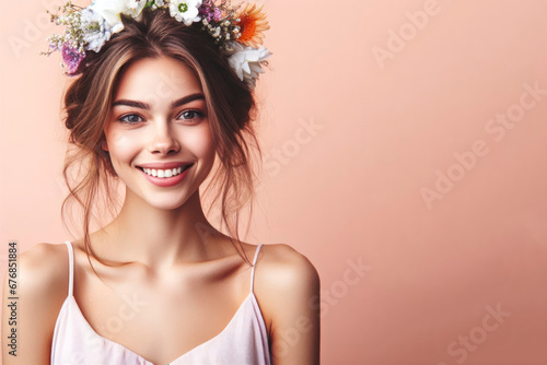 Portrait of a young cheerful woman with a hairstyle decorated with a flower wreath on her head. ai generative