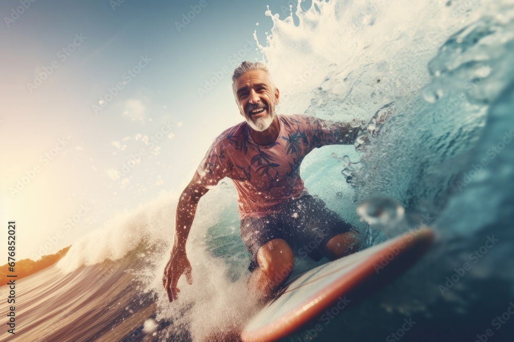 Man surfing a wave on a surf board, AI generated - obrazy, fototapety, plakaty 