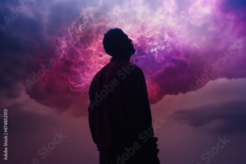 Man dreaming, silhouette of a man on magenta sky, AI generated