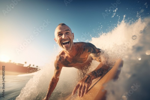 Man surfing a wave on a surf board, AI generated © Mystery