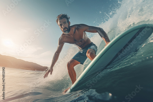 Man surfing a wave on a surf board, AI generated photo