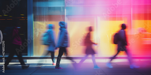 Wallpaper Mural Crowd of anonymous people walking on busy city street in neon colour. Defocused. Blurred. Generative AI. Torontodigital.ca