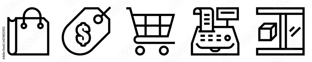 Conjunto de iconos de minorista. Comercio. Bolsa, etiqueta de precio, carro de compras, caja registradora, vitrina. Ilustración vectorial Conjunto de iconos de minorista. Comercio. Bolsa, etiqueta de precio, carro de compras, caja registradora, vitrina. Ilustración vectorial