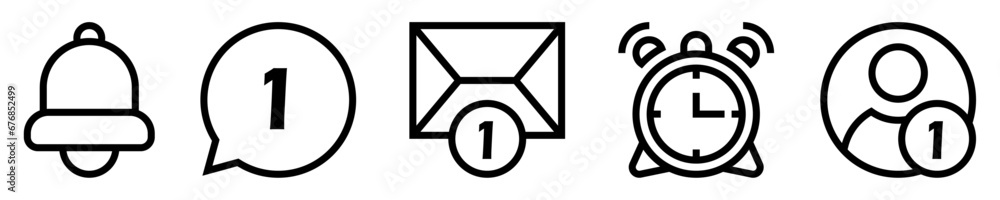 Conjunto de iconos de notificaciones. Aviso y alerta. Campana de notificación, burbuja de mensaje, correo, alarma, aplicación. Ilustración vectorial Conjunto de iconos de notificaciones. Aviso y alerta. Campana de notificación, burbuja de mensaje, correo, alarma, aplicación. Ilustración vectorial