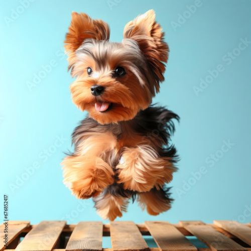 Yorkshire Terrier Dog Jumping on color Background. ai generative
