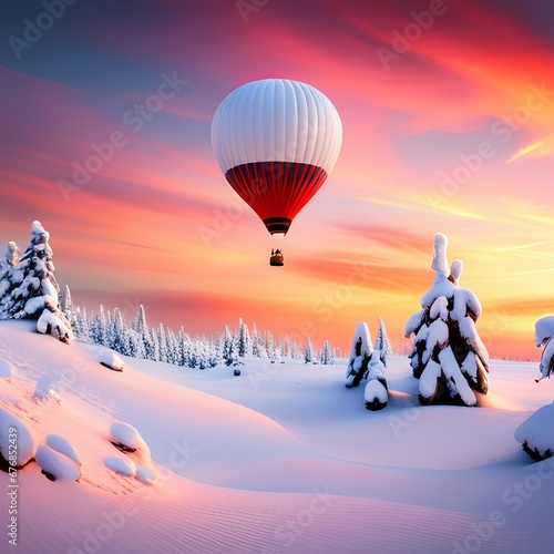 Snowy Mountains with Snow Covered Trees at Sunset with a Red and White Hot Air Balloon