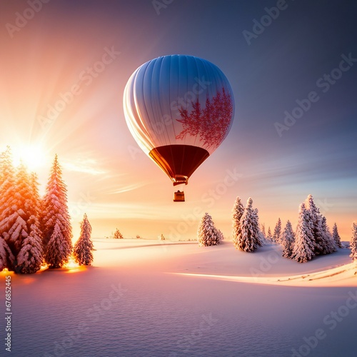 Snowy Mountain with Trees at Sunrise with Red and White Hot Air Balloon with Red Design