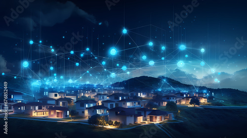 Digital community, smart homes and digital community, DX, IoT, digital network in society concept, suburban houses at night with data transactions