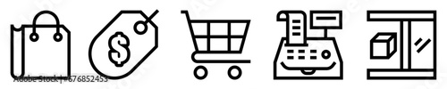 Conjunto de iconos de minorista. Comercio. Bolsa, etiqueta de precio, carro de compras, caja registradora, vitrina. Ilustración vectorial