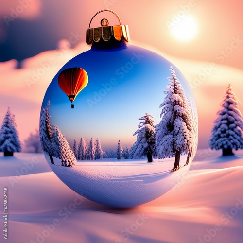 Christmas Ornament in the Snowy Mountains with a reflection of a Hot Air Balloon and Trees