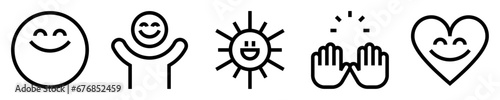 Conjunto de iconos de felicidad. Alegría. Carita feliz, persona alegre, sol radiante, manos celebrando, corazón contento. Ilustración vectorial photo